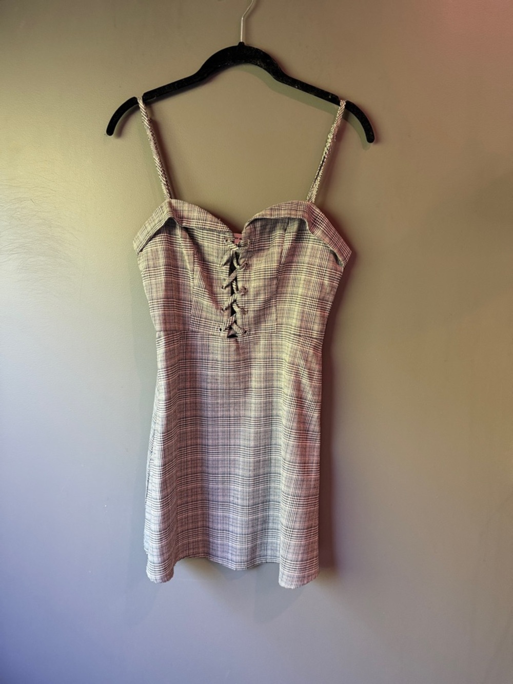 SUPERDOWN Plaid Lace-Up Sweetheart Mini Dress - Pink/Gray